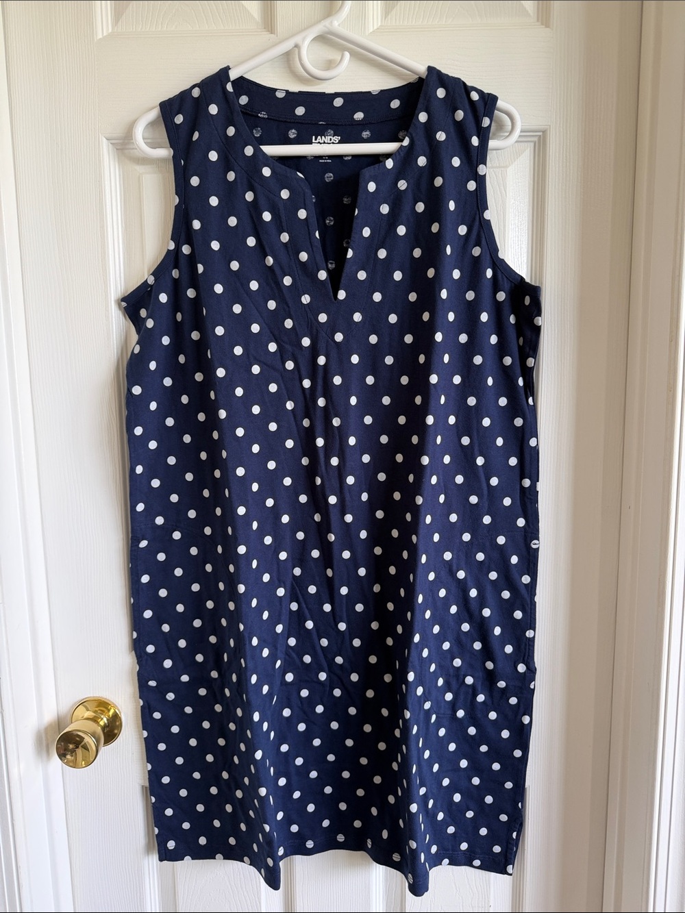 Lands' End Navy and White Polka Dot Sleeveless Midi Dress